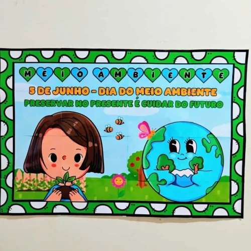 Cartaz sobre o Dia do Meio Ambiente com desenho de criança e planeta Terra.