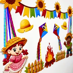 Decoração de Festa Junina com bonecos, bandeirinhas e fogueira.