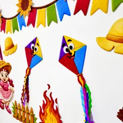 Decoração de Festa Junina com balões, bandeirinhas e pipas coloridas.