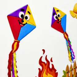 Fitas de festa junina com pipas coloridas e rosto sorridente.