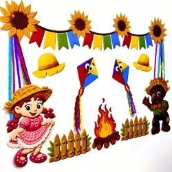 Decoração de Festa Junina com bonecos, bandeirinhas e fogueira de papel.