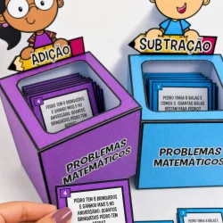 Material educativo com caixas de problemas de adição e subtração para crianças.