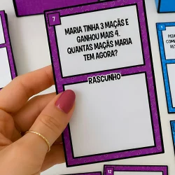 Cartão de problema matemático com questão de adição e subtração para crianças.