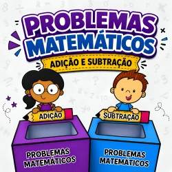 Ilustração de crianças com caixas de problemas de adição e subtração.