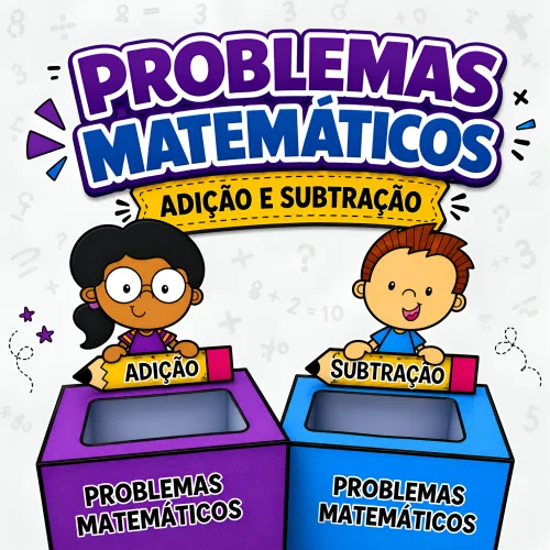 Ilustração de crianças com caixas de problemas de adição e subtração.