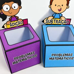Caixas coloridas com personagens infantis para problemas de adição e subtração.