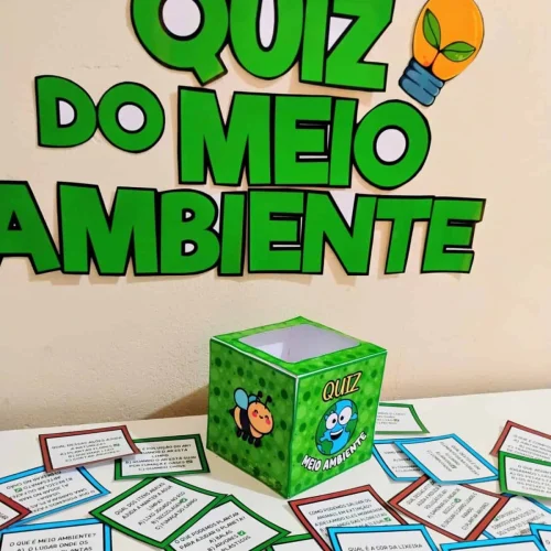 Caixa de perguntas sobre meio ambiente com cartões de respostas.