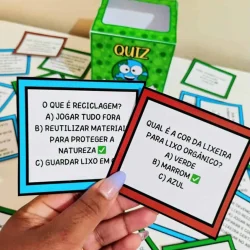 Cartões de quiz sobre reciclagem e lixo orgânico para educação ambiental.