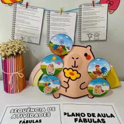 Material didático com fábulas infantis e atividades educativas para crianças.
