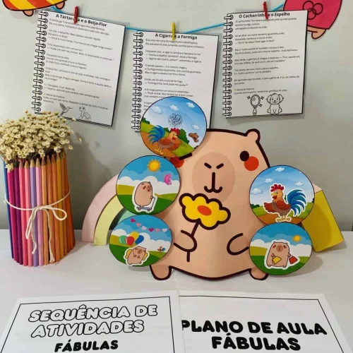Material didático com fábulas infantis e atividades educativas para crianças.