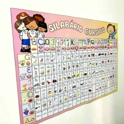 Silabário cursivo com letras, imagens e exemplos para ensino infantil.