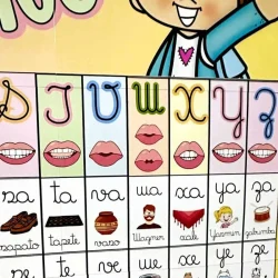 Silabário cursivo com letras, imagens e palavras para educação infantil.