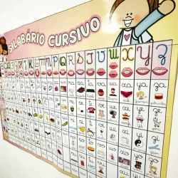Silabário cursivo com letras, imagens e exemplos de escrita para educação infantil.