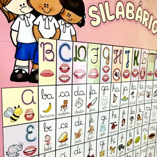 Silabário cursivo com letras, imagens e palavras para crianças.