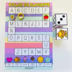 Atividade educativa com letras do alfabeto, dados e figuras coloridas.