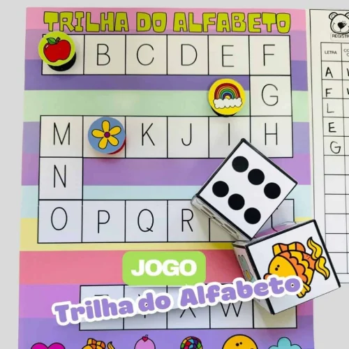 Jogo educativo da trilha do alfabeto com dados coloridos e dados de dados.