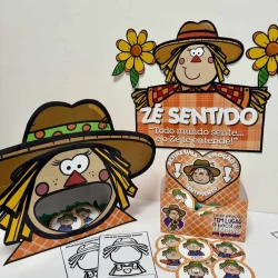 Personagem Zé Sentido com chapéu e flores, tema emocional e educativo.