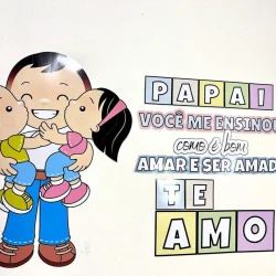Ilustração de pai e filhos com mensagem de amor e gratidão.