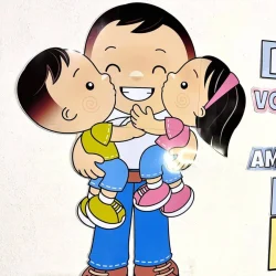 Ilustração de pai com duas crianças, simbolizando amor e união familiar.