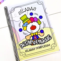 Apostila de sílabas complexas com ilustração de palhaço e título.