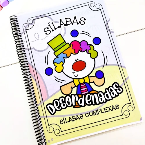 Apostila de sílabas complexas com ilustração de palhaço e título.
