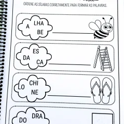 Atividades de sílabas desordenadas para crianças com imagens ilustrativas.