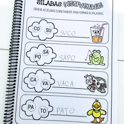 Atividades de sílabas desordenadas com imagens de objetos e animais.