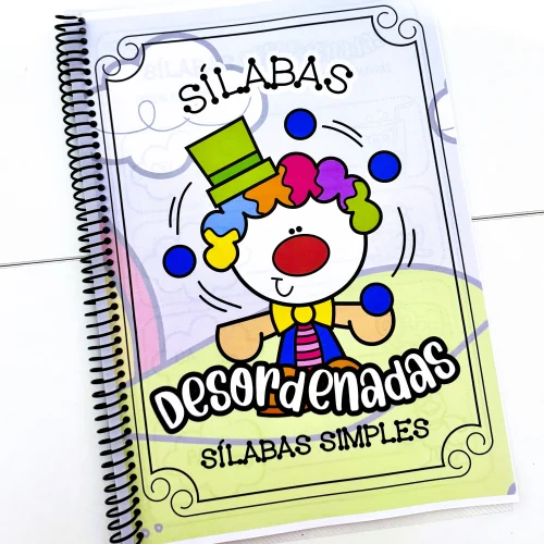Caderno com capa de livro sobre sílabas desordenadas para educação infantil.