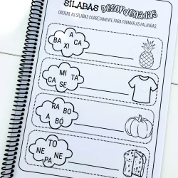 Atividades de sílabas desordenadas com imagens de frutas, roupas, abóbora e bolo.