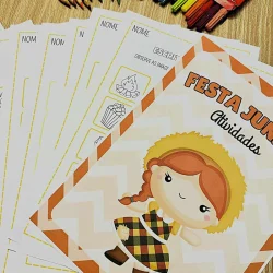 Atividades educativas para Festa Junina com desenhos de crianças e comidas típicas.