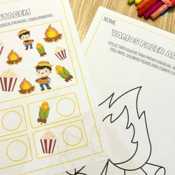 Atividades educativas de Festa Junina com desenhos e cores vibrantes.
