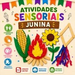 Atividades sensoriais juninas com elementos coloridos e artesanais para crianças.