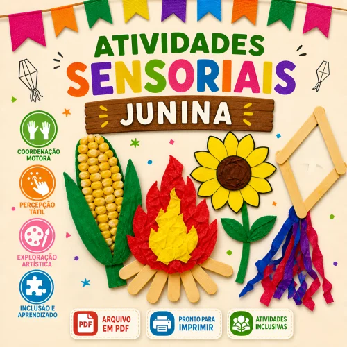 Atividades sensoriais juninas com elementos coloridos e artesanais para crianças.