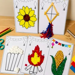 Atividades sensoriais juninas com desenhos para colorir e montar.