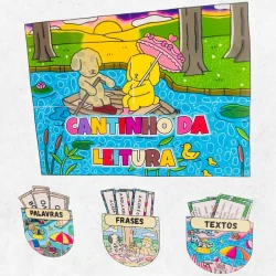 Ilustração de crianças lendo no rio com natureza ao redor.