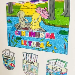 Ilustração de dois animais lendo no rio com palavras e textos ao redor.