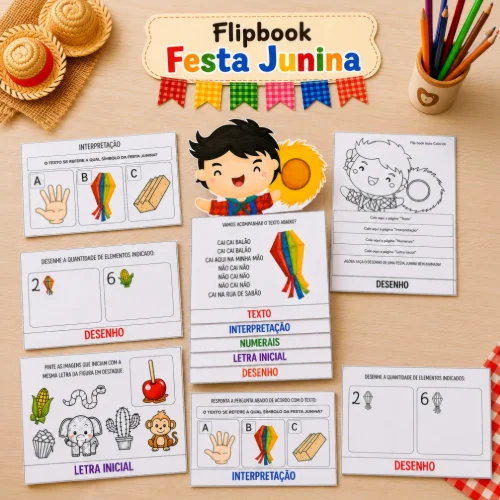 Atividades educativas de Festa Junina com desenhos e textos para crianças.