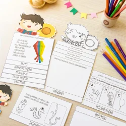 Atividades educativas de Festa Junina para crianças com desenhos e textos.