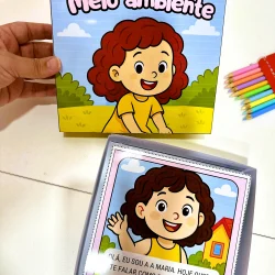Ilustração de Maria cuidando do meio ambiente com natureza ao fundo.