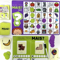 Jogo "Qual Tem Mais?" com cartas e tabuleiro para crianças.