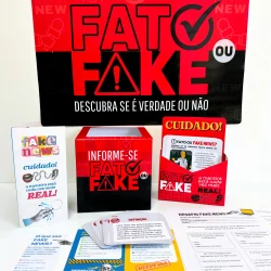 Material educativo sobre notícias falsas e verificação de fatos.