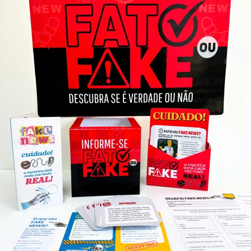 Material educativo sobre notícias falsas e verificação de fatos.