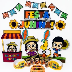 Decoração colorida de Festa Junina com personagens e bandeirinhas.