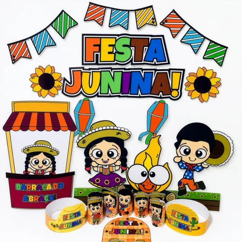 Decoração colorida de Festa Junina com personagens e bandeirinhas.