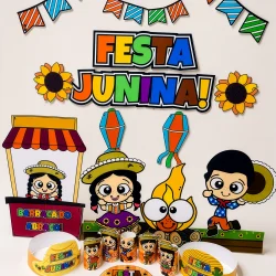 Decoração de Festa Junina com personagens e bandeirinhas coloridas.