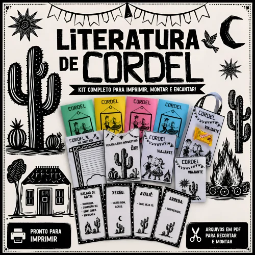 Kit de Literatura de Cordel com livros, cartões e materiais para montar.