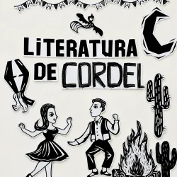 Ilustração de literatura de cordel com casal dançando e elementos tradicionais.