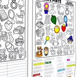 Atividades educativas com palavras, desenhos e cores para crianças.