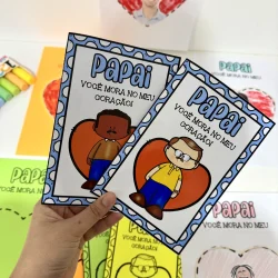 Cartões de Dia dos Pais com desenhos de personagens e mensagem de amor.