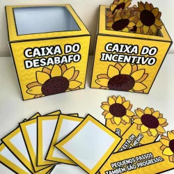 Caixas decorativas amarelas com girassóis para incentivo e desabafo.